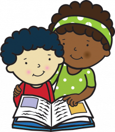 young boy illustration reading book with an adult